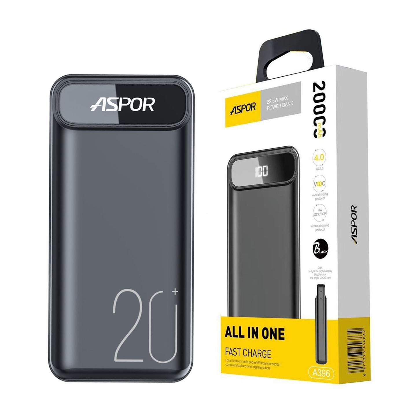 Aspor A396 PD 20000mAh Digital Display Power Bank 22.5W