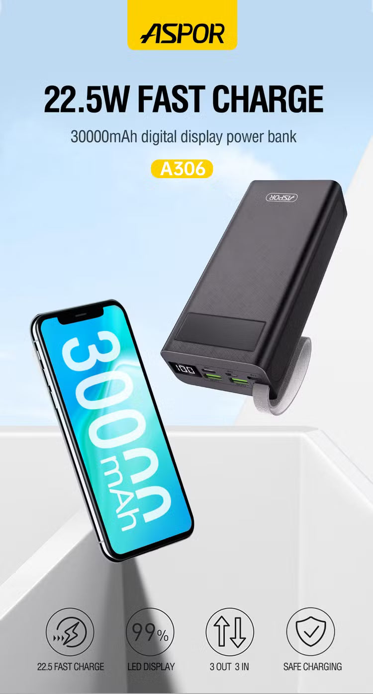ASPOR A306 30000mAh Power Bank with LCD Display 22.5W Fast Charging