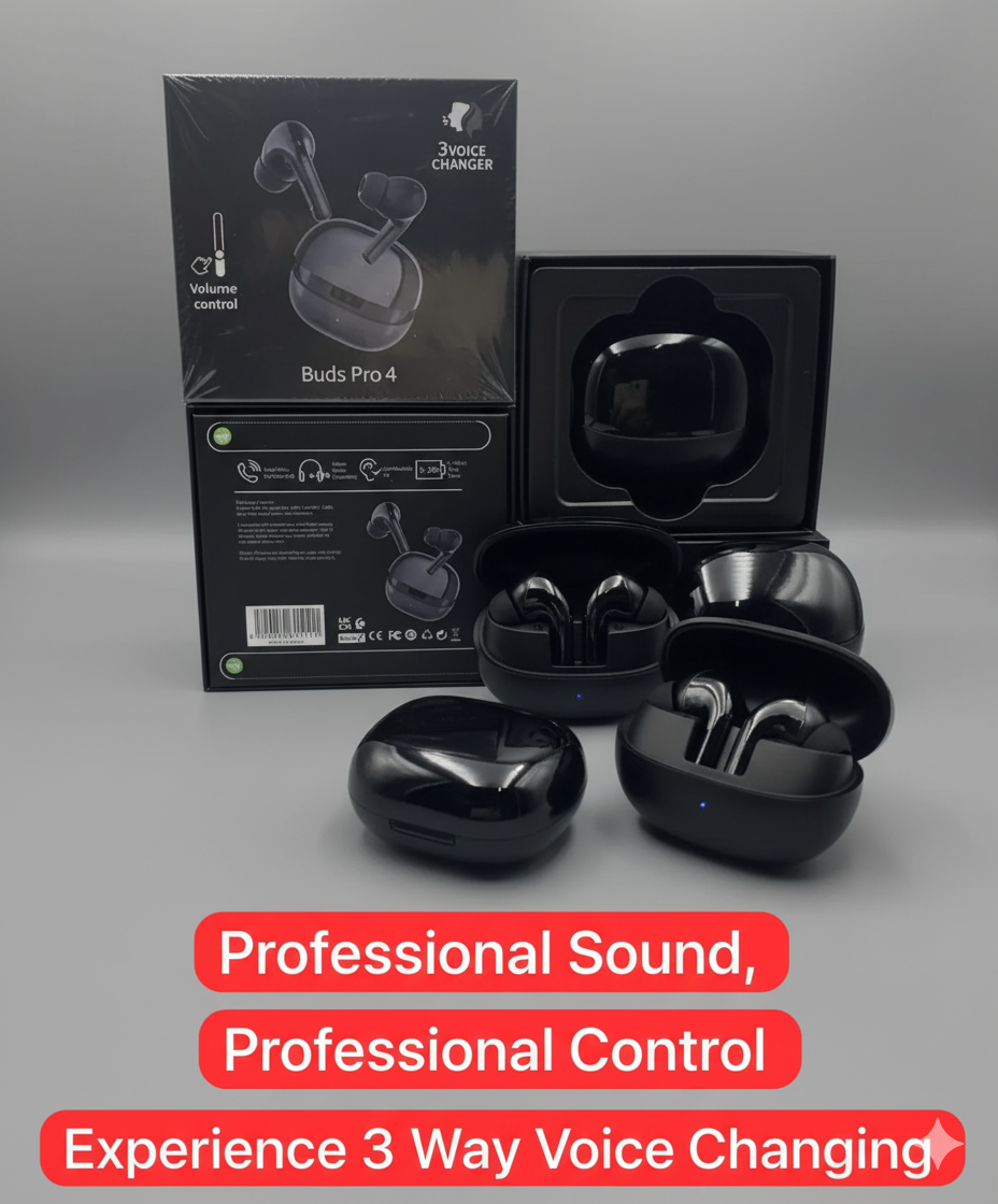 Buds Pro 4 – Premium Wireless Earbuds with 3-Voice Changer, Volume Control & HD Sound | Available in 4 Colors