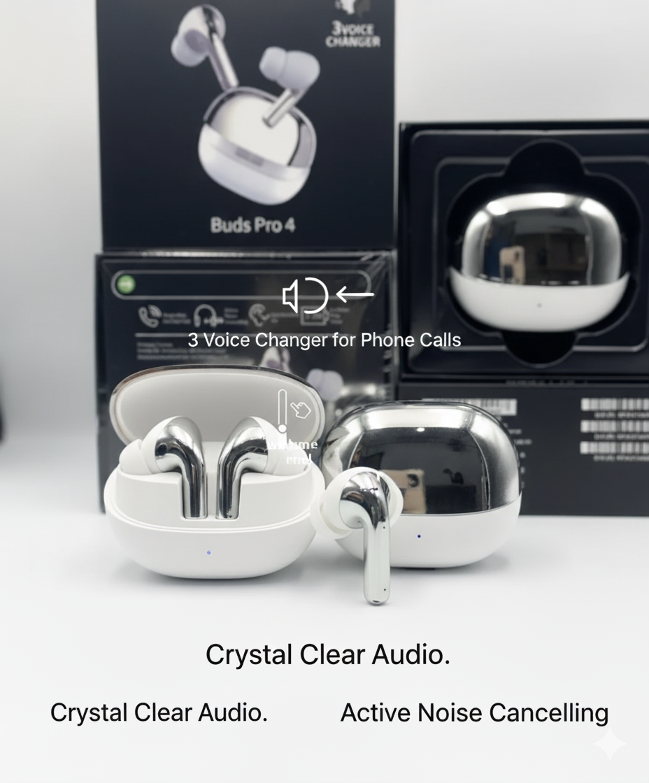 Buds Pro 4 – Premium Wireless Earbuds with 3-Voice Changer, Volume Control & HD Sound | Available in 4 Colors