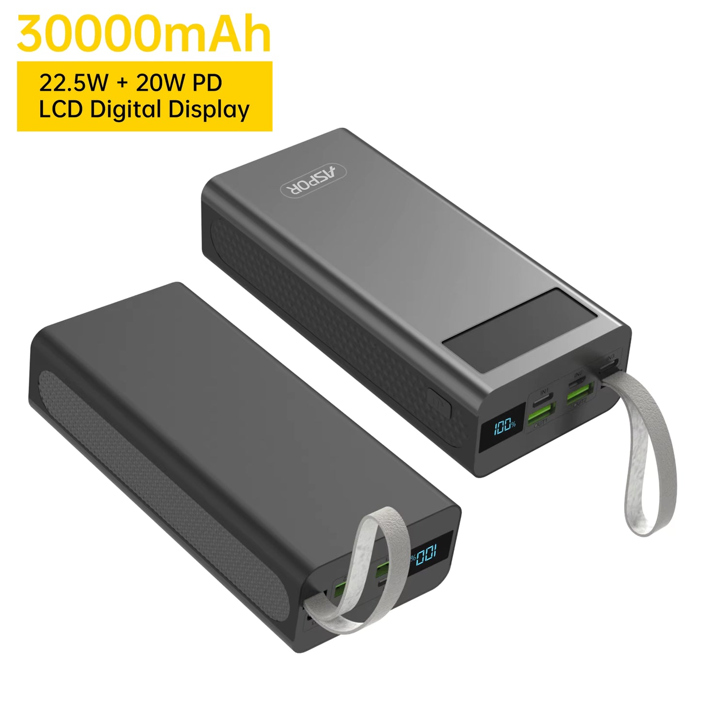 ASPOR A306 30000mAh Power Bank with LCD Display 22.5W Fast Charging